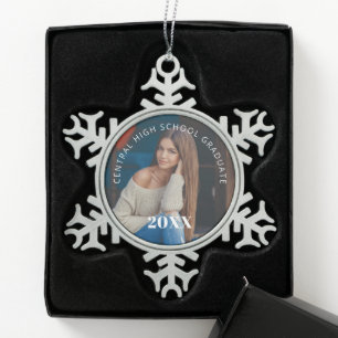 Graduation Photo School Name and Grad Year Memory Snowflake Pewter Christmas Ornament