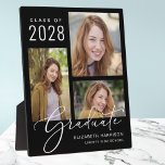 Graduation Photo Script Black Plaque<br><div class="desc">Elegant black graduation plaque display featuring a 3 photo collage and "Graduate" in a stylish white script. Add the grad's name,  class year and school or university in modern white typography.</div>