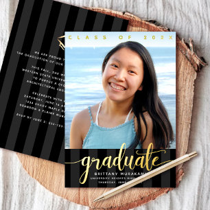 Graduation photo script black stripes real gold foil invitation