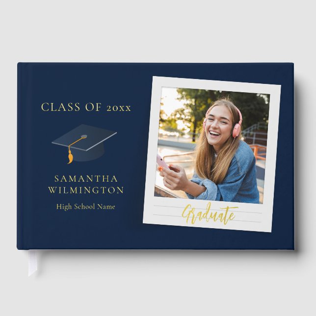 Graduation Photo Script Gold Foil Party Guest Book (Front)