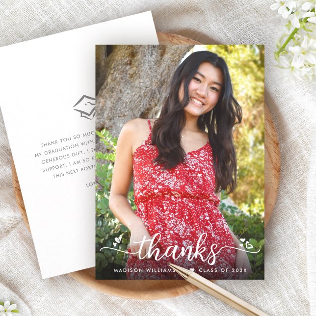 Graduation Photo Script Hearts Modern Simple Bold Thank You Card (Creator Uploaded)