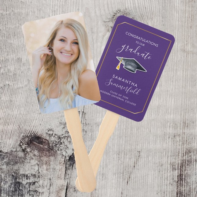 Graduation Photo Script Purple Grad 2026 Party Hand Fan (Graduation Photo Announcement Hand Fan)