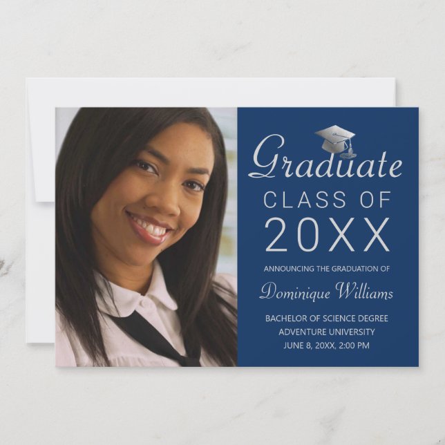 Graduation Photo Silver Cap Script 2025 Royal Blue Announcement (Front)