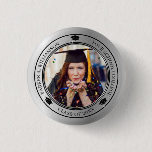 Graduation Photo Silver Tone Grad Cap Class Year Button