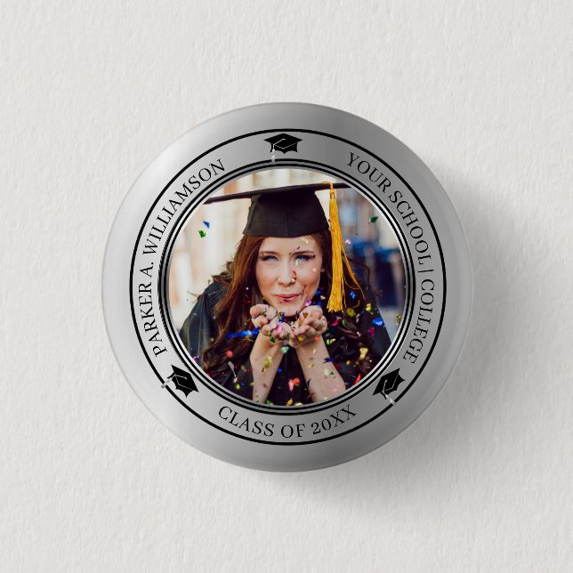 Graduation Photo Silver Tone Grad Cap Class Year Button (Front)