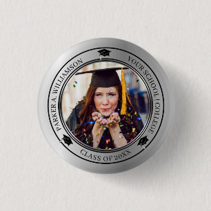 Graduation Photo Silver Tone Grad Cap Class Year Button