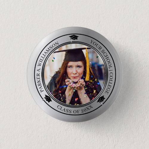 Graduation Photo Silver Tone Grad Cap Class Year Button