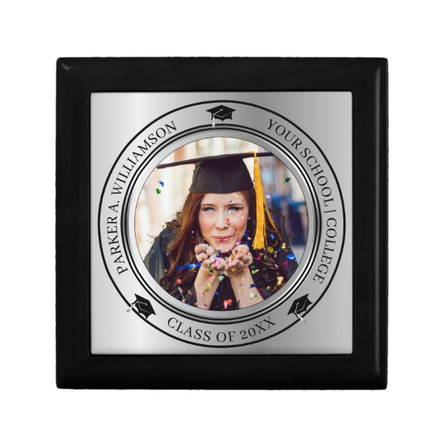 Graduation Photo Silver Tone Grad Cap Class Year Gift Box (Front)