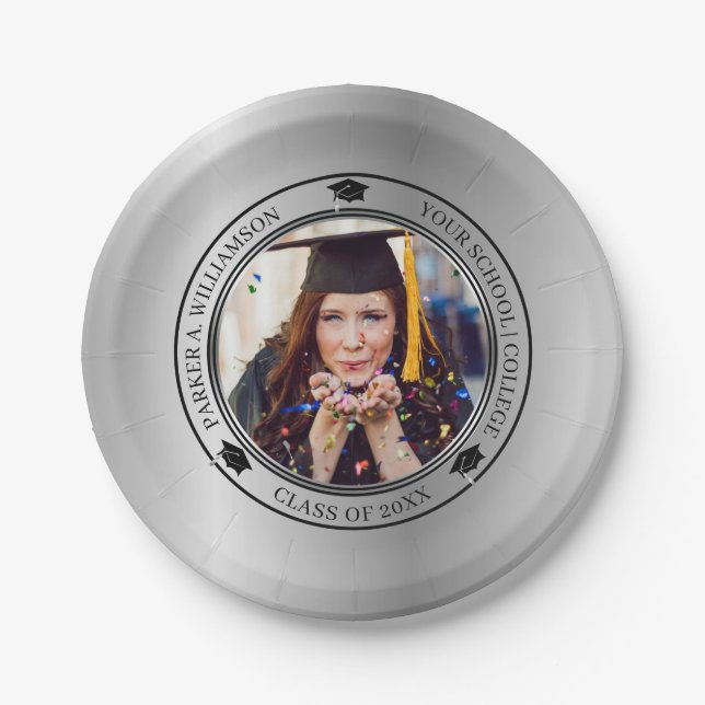 Graduation Photo Silver Tone Grad Cap Class Year   Paper Plates (Front)