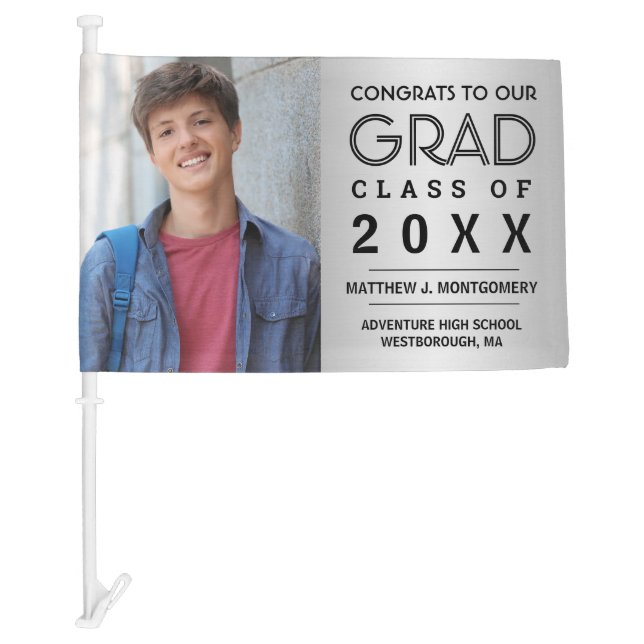 Graduation Photo Silver with Black Typography Car Flag (Front)