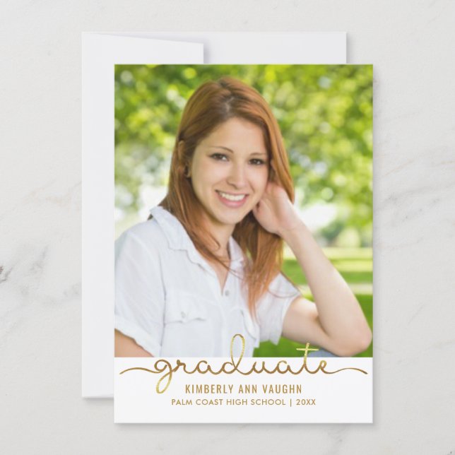 Graduation Photo Simple DIY Gold Stripe Flat Card (Front)