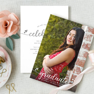 Graduation Photo Simple Modern Calligraphy Hearts Announcement