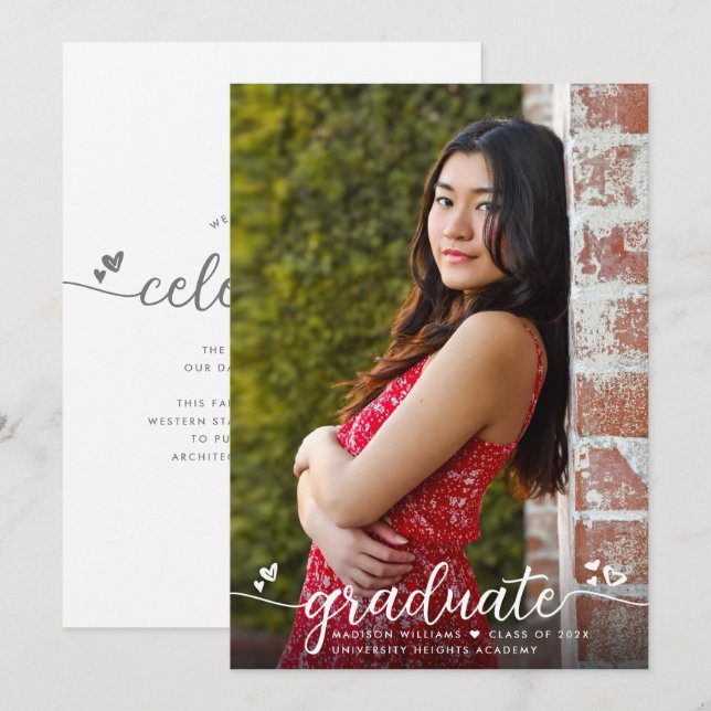 Graduation Photo Simple Modern Calligraphy Hearts Announcement (Front/Back)