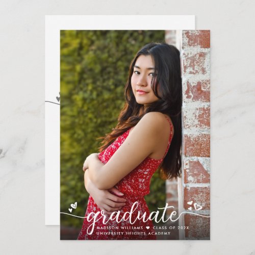 Graduation Photo Simple Modern Calligraphy Hearts Announcement