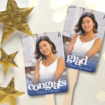 Graduation photo simple modern navy blue keepsake hand fan<br><div class="desc">Stay cool while supporting your favorite grad as they receive their diploma, with this keepsake hand fan. Both the front and back boast bold, graphic, white typography and a navy blue gradation overlaying a photo of your choice. On the front, personalize the custom text with your grad’s name. On the...</div>