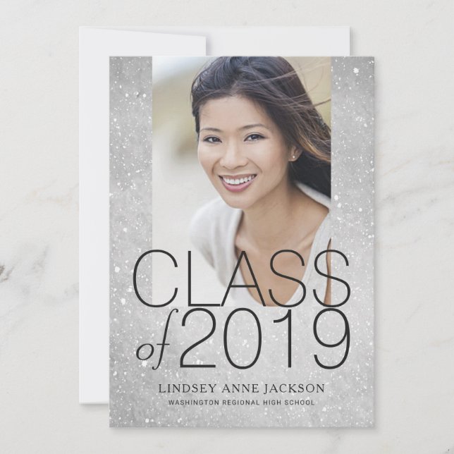 Graduation Photo Sparkling Silver Stacked Text Announcement (Front)