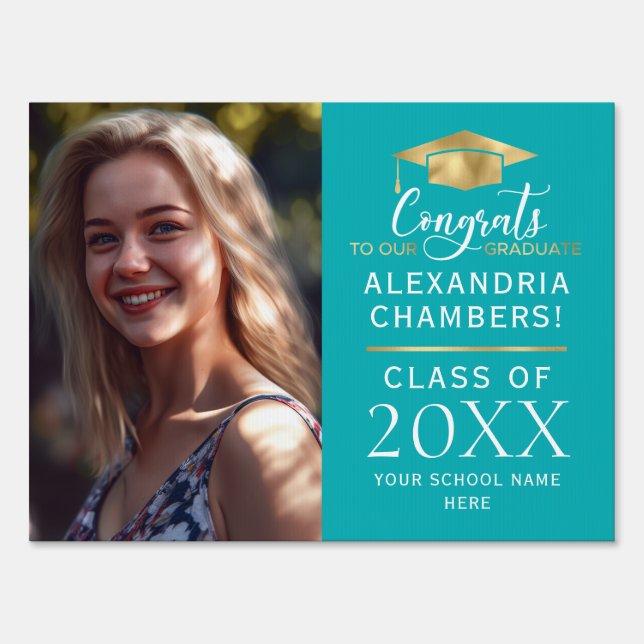 Graduation Photo Teal Aqua Blue Gold Sign (Back)