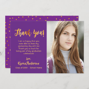 Graduation photo Thank You card purple gold