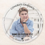 Graduation Photo Thank You Class of 20XX Custom Round Paper Coaster<br><div class="desc">Graduation coaster featuring your grad's photo,  a small graduation cap and four lines of custom text - add your school,  class of year,  thank you so much or any text you'd like (student name,  date,  degree,  etc.)  Perfect for graduation parties or use as favors.</div>