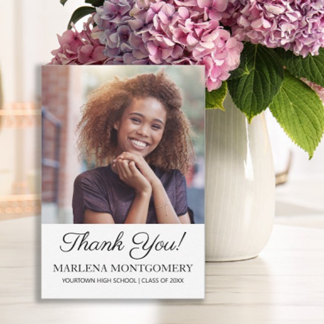 Graduation Photo Thank You Elegant Script White (Graduation photo "Thank you" card)
