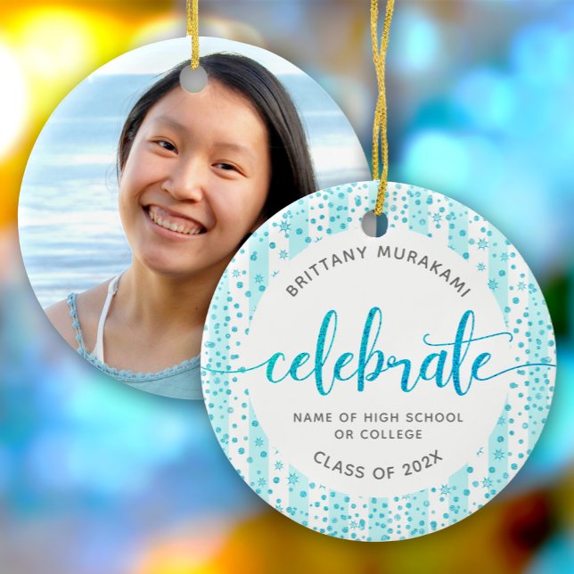 Graduation Photo Turquoise Glitter Script Keepsake Ceramic Ornament (Creator Uploaded)