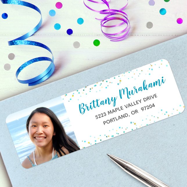 Graduation photo turquoise script modern address label (Creator Uploaded)