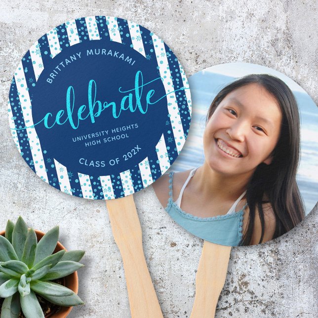 Graduation photo turquoise script on navy keepsake hand fan (Creator Uploaded)