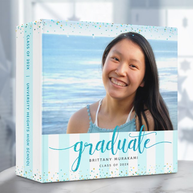 Graduation photo turquoise script white stripes 3 ring binder (Creator Uploaded)