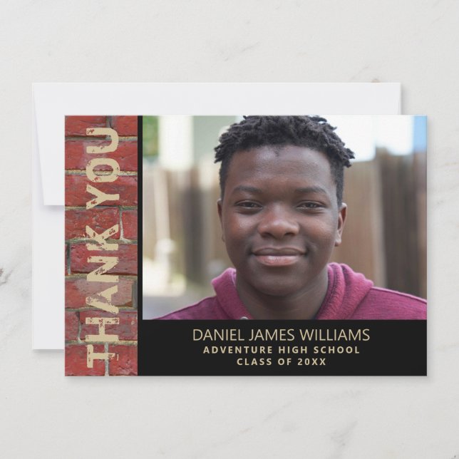Graduation Photo Urban Red Brick Thank You Card (Front)