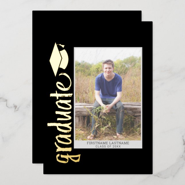 Graduation Photo with Modern Script and Cap Foil Invitation (Front/Back)
