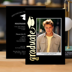 Graduation Photo with Modern Script and Cap Foil Invitation