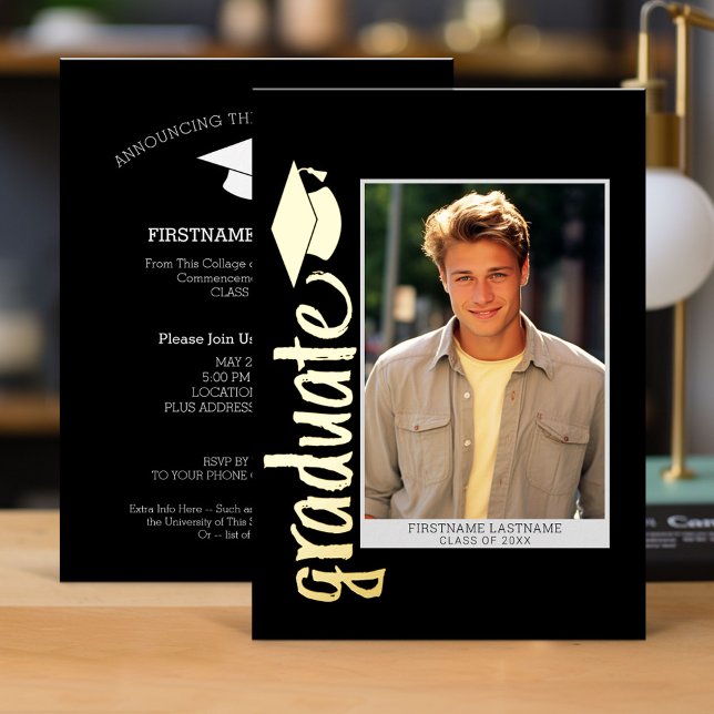 Graduation Photo with Modern Script and Cap Foil Invitation (Graduation Invitation)