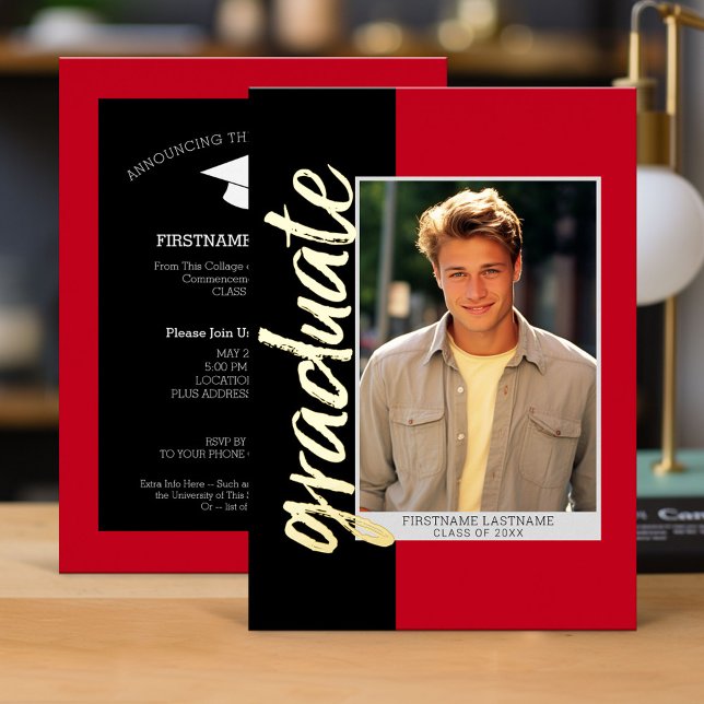 Graduation Photo with Modern Script Red Black Foil Invitation (Red and Black Graduation Invitation)