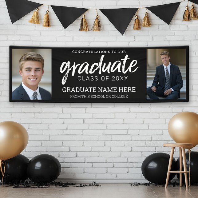 Graduation Photos - Class of YEAR Black Banner (Custom Graduation Banner with 2 Photos)