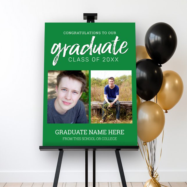 Graduation Photos - Graduate Modern Script Green Foam Board (Custom Graduation Party Sign - 2 Photos)