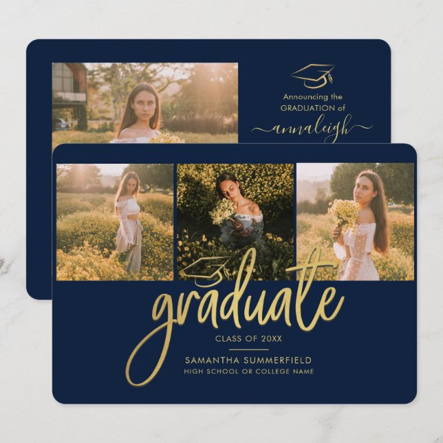 Graduation Photos Navy Blue Script 2025 Announcement (Front/Back)