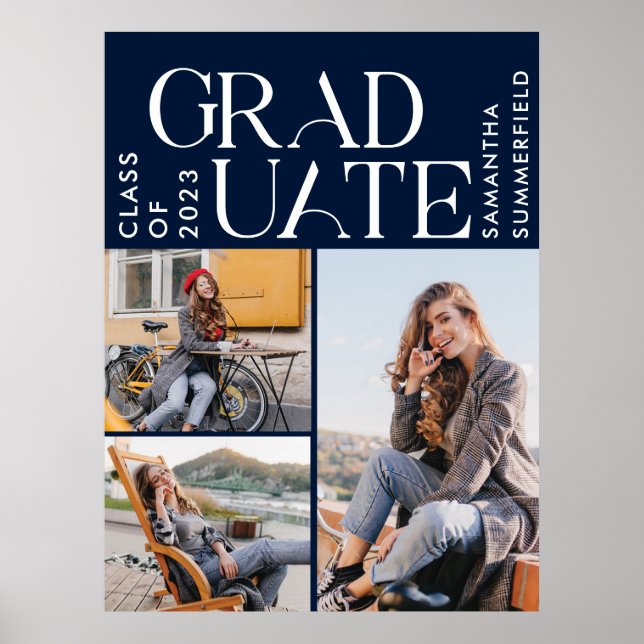 Graduation Photos Navy Blue White Graduate 2026 Poster (Front)