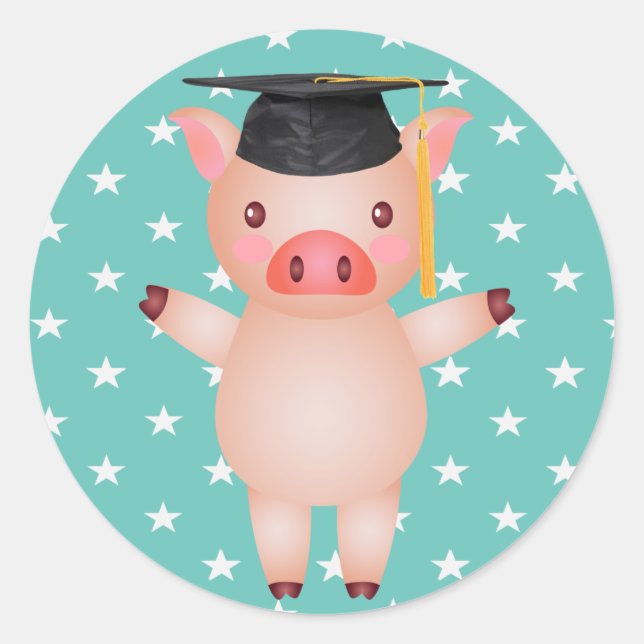 Graduation Pig and Stars Classic Round Sticker (Front)