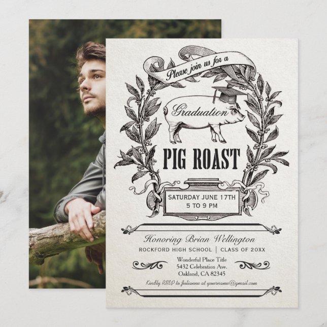 Graduation Pig Roast Invitations - Supreme Vintage (Front/Back)