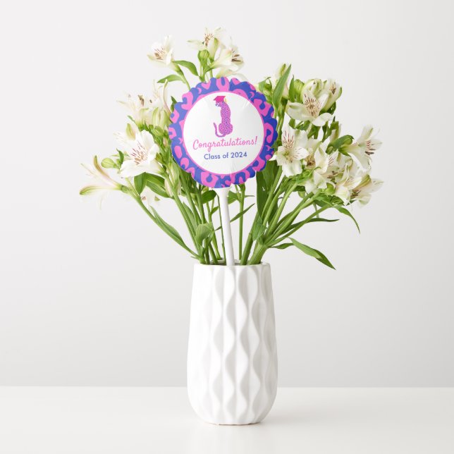 Graduation Pink and Blue Leopard Balloon on stick (Vase)