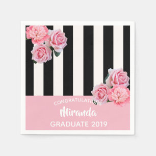 Graduation pink black white stripes florals 2025 napkins