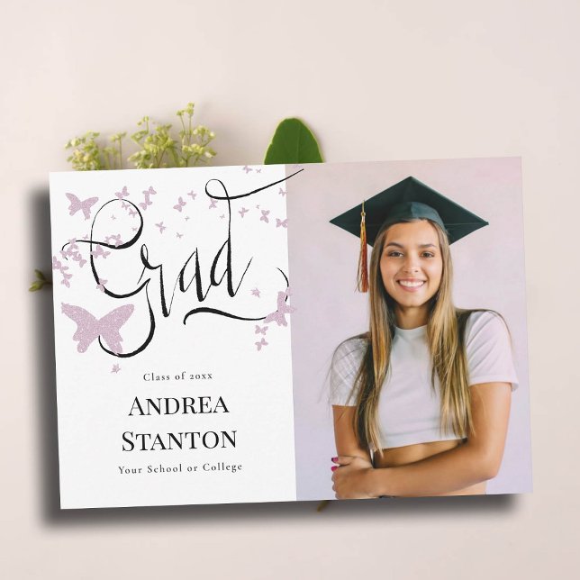 Graduation Pink Butterflies Grad Calligraphy Chic Announcement (graduation announcement grad handwritten calligraphy pink butterflies photo high school college)