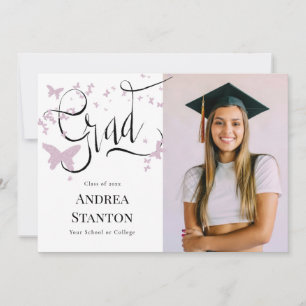 Graduation Pink Butterflies Grad Calligraphy Chic Invitation