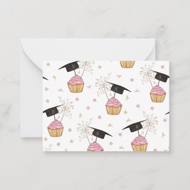 Graduation Pink Cupcake Graduation Cap Sparkler Note Card (Front)