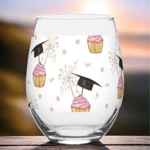 Graduation Pink Cupcake Graduation Cap Sparkler  Stemless Wine Glass