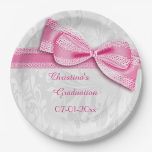 Graduation Pink Damask and Faux Bow Paper Plates