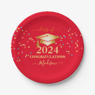Graduation Pink Girls Confetti Golden initial Paper Plates