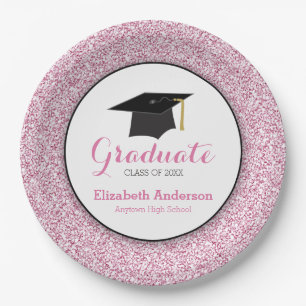 Graduation Pink Glitter Mortarboard Paper Plates