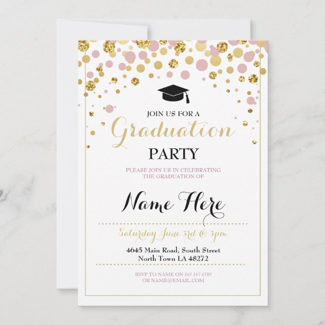 Graduation Pink Gold Girl's Party Graduate Invite (Front)