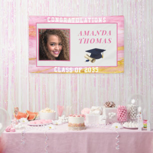Graduation Pink Gold Marble Custom Photo Banner